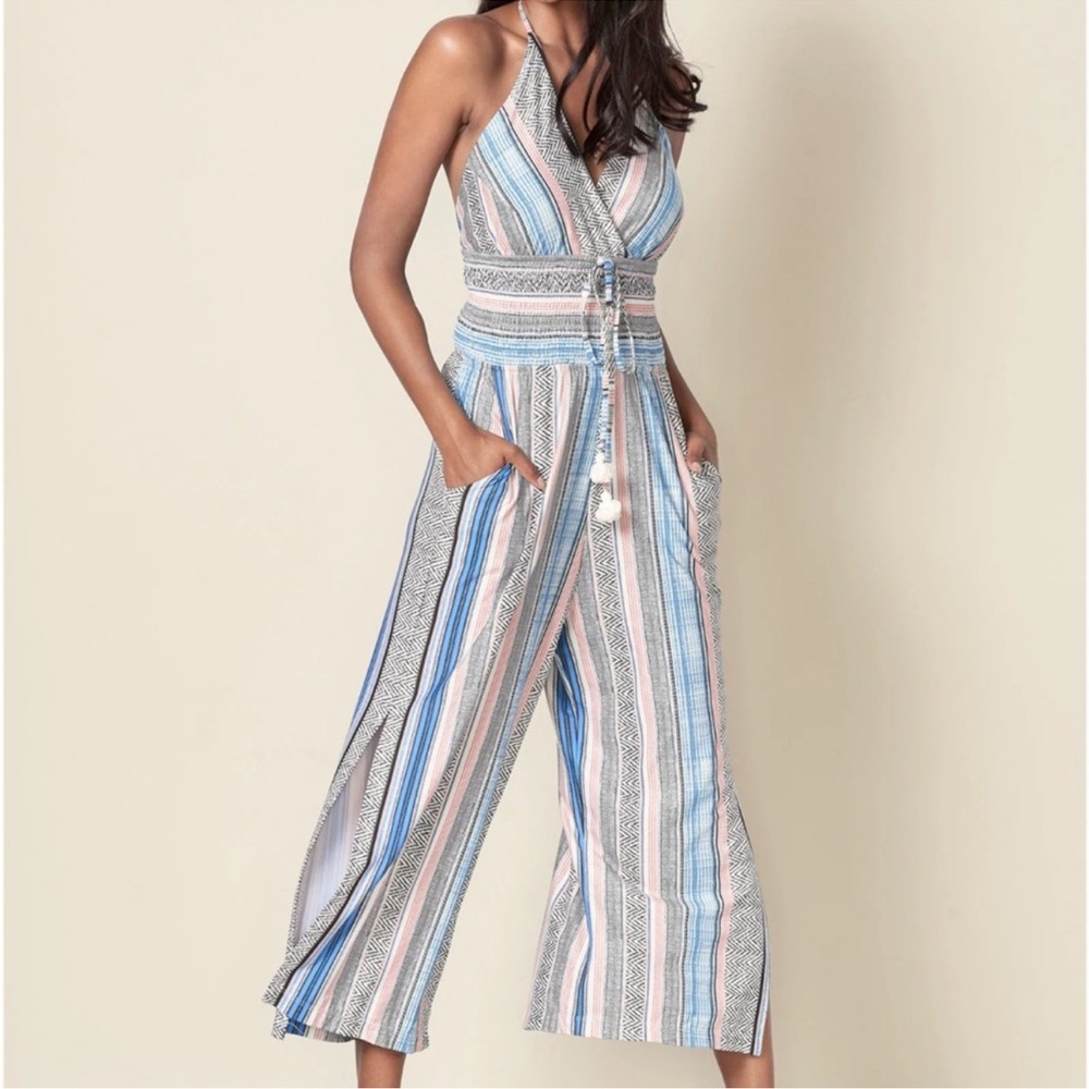VENUS Cropped Tassel Halter Jumpsuit | XL | Light Blue